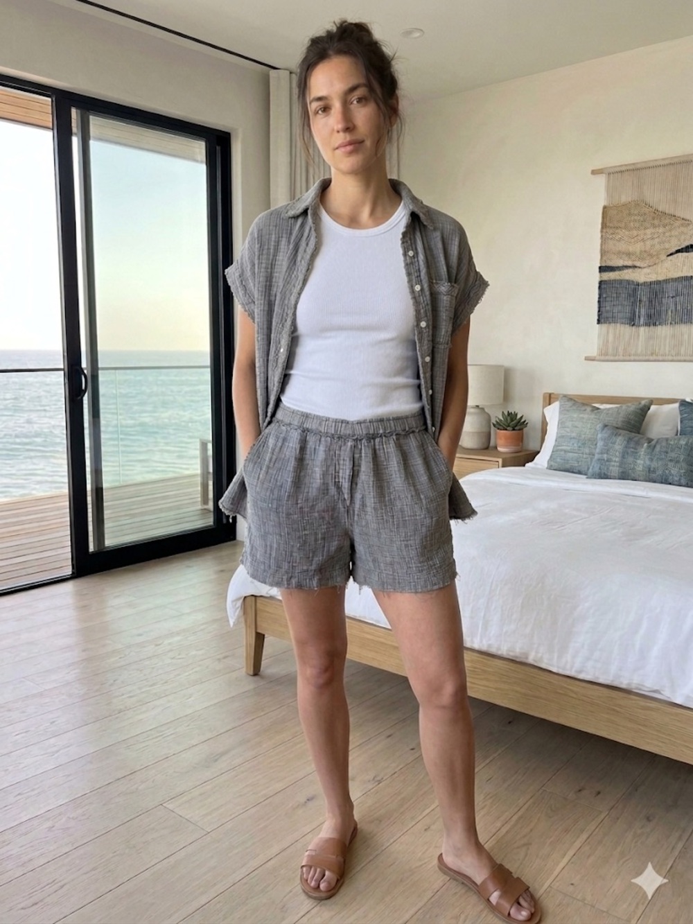 Gray Short-Sleeve Button Front Swim Coverup Shirt and Short Set